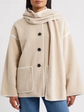 BCBGMAXAZRIA Embroidered Trim Scarf Coat Beige Button Front Jacket S